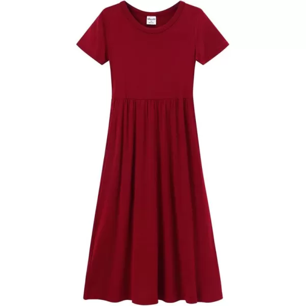 Noomelfish Girls Short Sleeve Maxi Dress Solid Color Casual Long Dresses with Pockets 412 YearsBurgundy