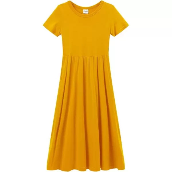 Noomelfish Girls Short Sleeve Maxi Dress Solid Color Casual Long Dresses with Pockets 412 YearsMustard