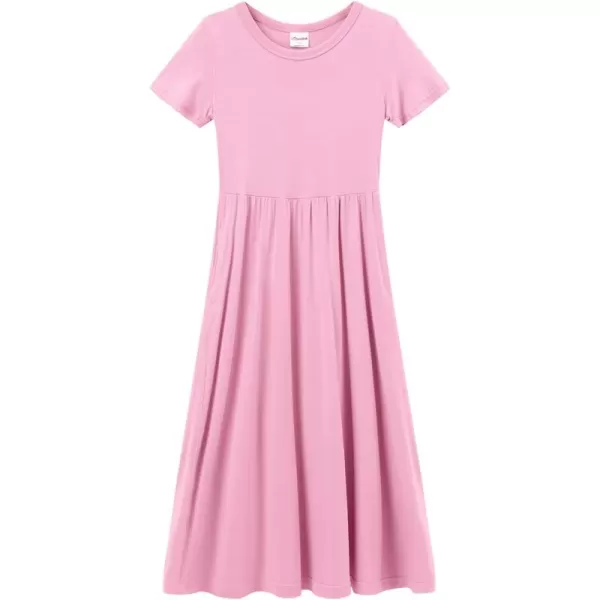 Noomelfish Girls Short Sleeve Maxi Dress Solid Color Casual Long Dresses with Pockets 412 YearsPink