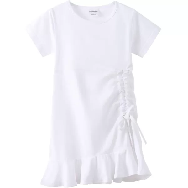 Noomelfish Girls Side Cinched Ruffle Dress Short Sleeve Casual Drawstring Tie Cotton Dresses 412 YearsWhite