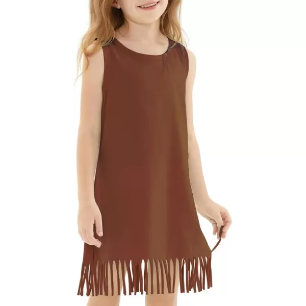 Noomelfish Girls Sleeveless Fringe Dress Cotton Summer Casual Sundress 312 YearsRust Brown