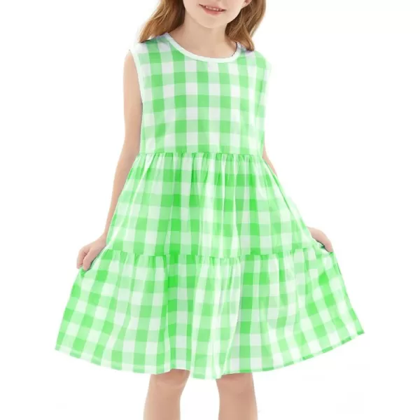 Noomelfish Girls Sleeveless Plaid Dress Casual Ruffle Tiered Sundress with Pockets 312 YearsGreen Check Gingham