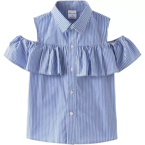 Noomelfish Girls Striped Ruffle Cold Shoulder Top Blouse Short Sleeve Button Down Shirts Royal Blue Striped Size 56 Years
