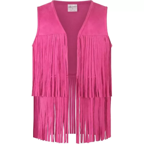 Noomelfish Girls Suede Fringe Vest Sleeveless Boho Tassels Jacket Cardigan 512 YearsHot Pink