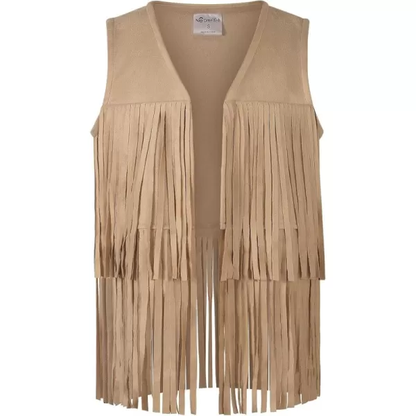 Noomelfish Girls Suede Fringe Vest Sleeveless Boho Tassels Jacket Cardigan 512 YearsKhaki