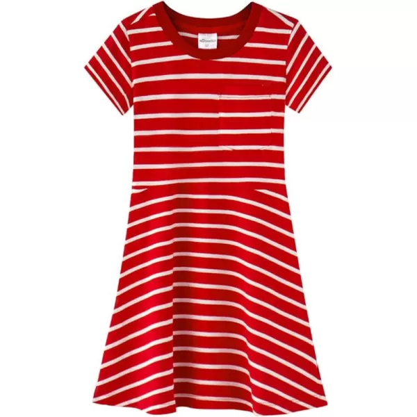 Noomelfish Girls Striped Knit Pleat Dress Short Sleeve Skater Dresses with Chest Pocket RedWhite Stripe Size 56 Years
