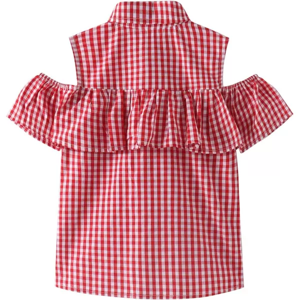 Noomelfish Girls Plaid Ruffle Cold Shoulder Top Blouse Short Sleeve Button Down Shirts Red Gingham Size 56 Years