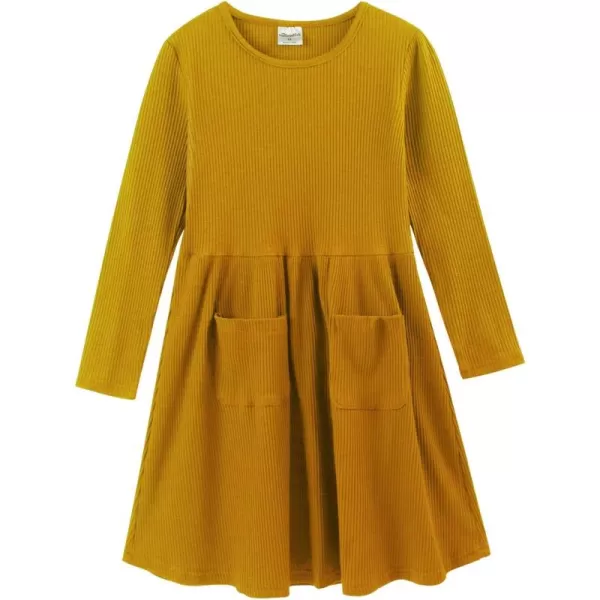 Noomelfish Girls Long Sleeve Ribbed knit Dress Solid Color Casual Pocket Dresses Mustard Size 56 Years