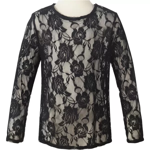 Noomelfish Girls Lace Long Sleeve Layering Tops Sheer Mesh Tee Shirts Blouse 512 YearsRose Black