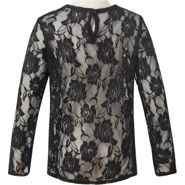 Noomelfish Girls Lace Long Sleeve Layering Tops Sheer Mesh Tee Shirts Blouse 512 YearsRose Black