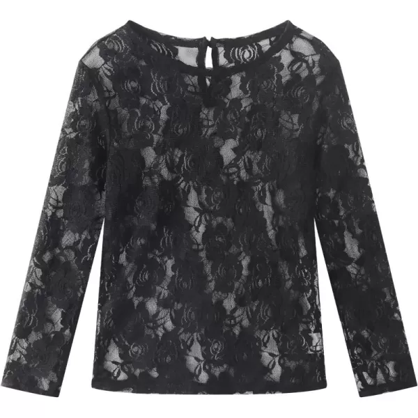 Noomelfish Girls Lace Long Sleeve Layering Tops Sheer Mesh Tee Shirts Blouse 512 YearsRose Black