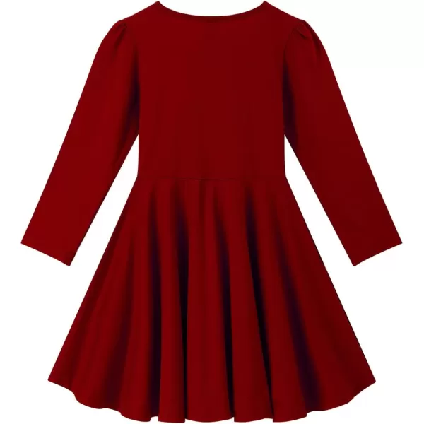 Noomelfish Girls Long Puff Sleeve Swing Dress Casual Cotton Twirly Skater Dresses with Pockets 212 YearsBurgundy