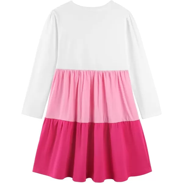 Noomelfish Girls Long Sleeve Tiered Dress Loose Flowy Ruffle Swing Dresses with Pockets 412 YearsColorblock Pink