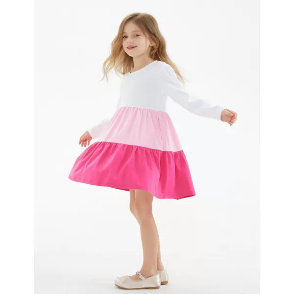 Noomelfish Girls Long Sleeve Tiered Dress Loose Flowy Ruffle Swing Dresses with Pockets 412 YearsColorblock Pink