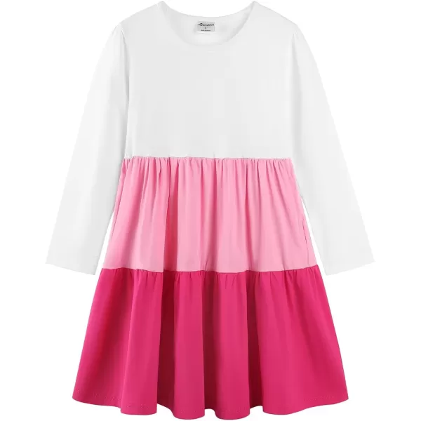 Noomelfish Girls Long Sleeve Tiered Dress Loose Flowy Ruffle Swing Dresses with Pockets 412 YearsColorblock Pink