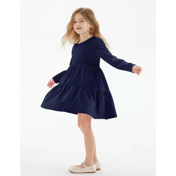 Noomelfish Girls Long Sleeve Tiered Dress Loose Flowy Ruffle Swing Dresses with Pockets 412 YearsNavy Blue