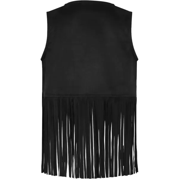 Noomelfish Girls Suede Fringe Vest Sleeveless Boho Tassels Jacket Cardigan 512 YearsBlack