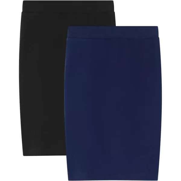 Noomelfish Girls 2 Pack Knee Length Pencil Skirts Plain Stretch Cotton Modest Skirt 514 YearsNavy BlueBlack