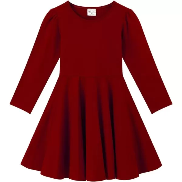 Noomelfish Girls Long Puff Sleeve Swing Dress Casual Cotton Twirly Skater Dresses with Pockets 212 YearsBurgundy