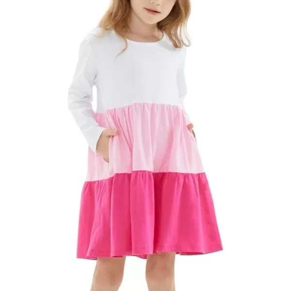 Noomelfish Girls Long Sleeve Tiered Dress Loose Flowy Ruffle Swing Dresses with Pockets 412 YearsColorblock Pink