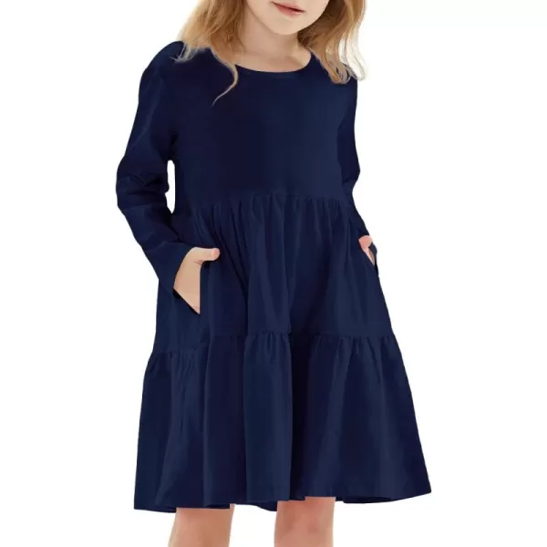 Noomelfish Girls Long Sleeve Tiered Dress Loose Flowy Ruffle Swing Dresses with Pockets 412 YearsNavy Blue