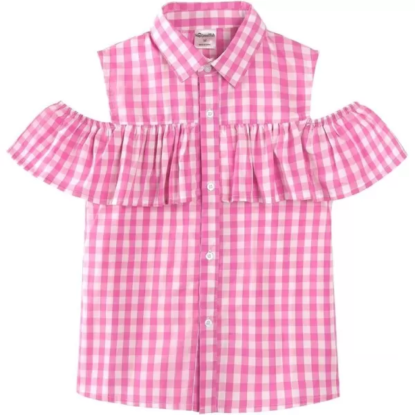 Noomelfish Girls Ruffle Cold Shoulder Top Blouse Short Sleeve Button Down Shirts 412 YearsPink Gingham
