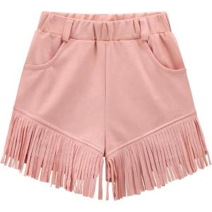 imageNoomelfish Kids Faux Suede Fringe Shorts Tassel Cowgirl Outfits with Pockets 512 YearsPink