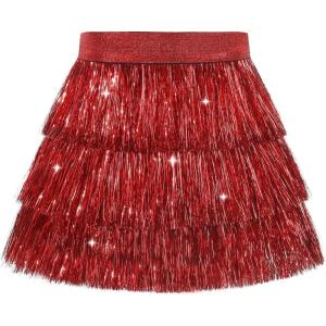 imageNoomelfish Girls Tinsel Fringe Skirt Sparkly Tassel Metallic Party Skirt512 YearsRed