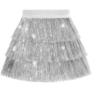 imageNoomelfish Girls Tinsel Fringe Skirt Sparkly Tassel Metallic Party Skirt512 YearsSilver White