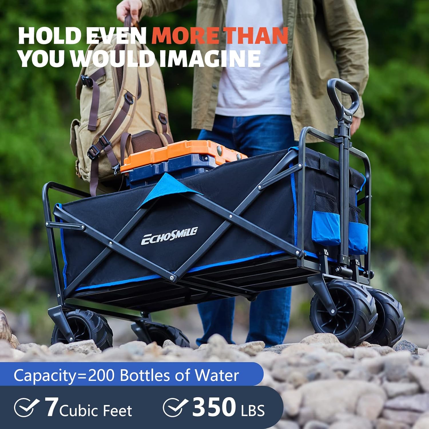 EchoSmile Collapsible Folding Utility Wagon Cart, Adjustable Handle, 400lb Capacity, Black