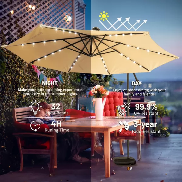 EchoSmile 10ft Solar Offset Umbrella With 8 Ribs and 32 Led Lights Cantilever Hanging Outdoor Umbrella weasy Tilt Adjustment ampamp Uv Protection Suitable For Gardens Lawns Decks Backyards GrayKhaki  Black