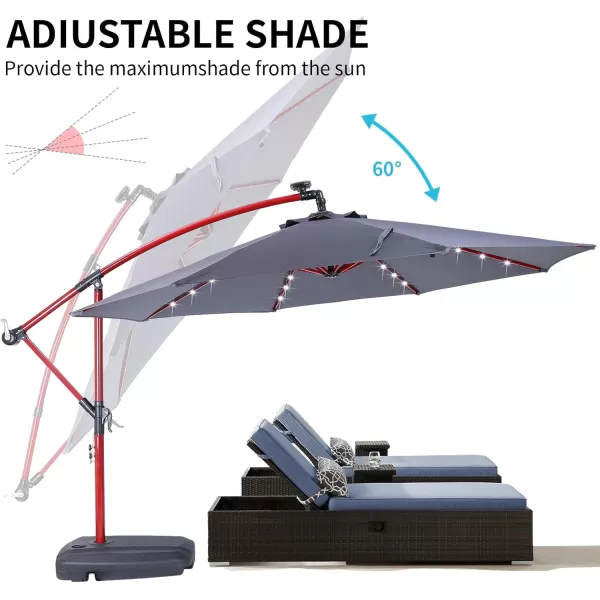 EchoSmile 10ft Solar Offset Umbrella With 8 Ribs and 32 Led Lights Cantilever Hanging Outdoor Umbrella weasy Tilt Adjustment ampamp Uv Protection Suitable For Gardens Lawns Decks Backyards GrayGray  Red