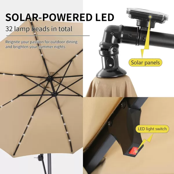 EchoSmile 10ft Solar Offset Umbrella With 8 Ribs and 32 Led Lights Cantilever Hanging Outdoor Umbrella weasy Tilt Adjustment ampamp Uv Protection Suitable For Gardens Lawns Decks Backyards GrayKhaki  Black