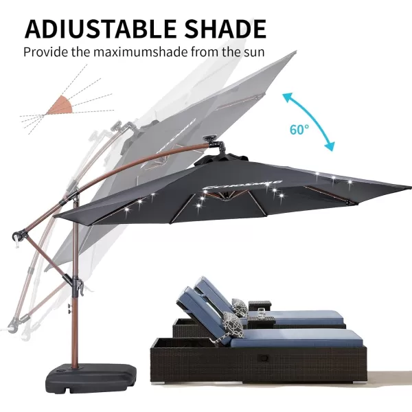 EchoSmile 10ft Solar Offset Umbrella With 8 Ribs and 32 Led Lights Cantilever Hanging Outdoor Umbrella weasy Tilt Adjustment ampamp Uv Protection Suitable For Gardens Lawns Decks Backyards GrayBlack  Brown