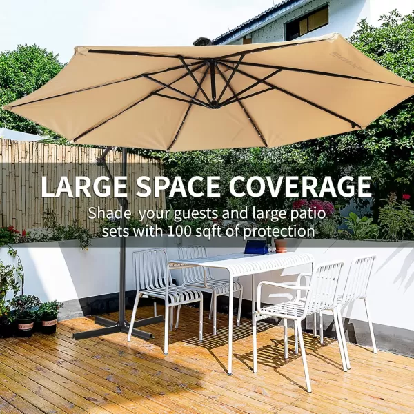 EchoSmile 10ft Solar Offset Umbrella With 8 Ribs and 32 Led Lights Cantilever Hanging Outdoor Umbrella weasy Tilt Adjustment ampamp Uv Protection Suitable For Gardens Lawns Decks Backyards GrayKhaki  Black