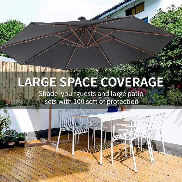 EchoSmile 10ft Solar Offset Umbrella With 8 Ribs and 32 Led Lights Cantilever Hanging Outdoor Umbrella weasy Tilt Adjustment ampamp Uv Protection Suitable For Gardens Lawns Decks Backyards GrayBlack  Brown