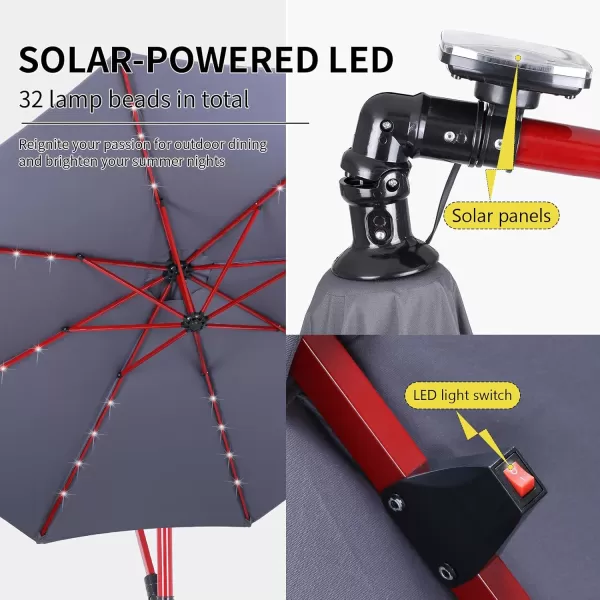 EchoSmile 10ft Solar Offset Umbrella With 8 Ribs and 32 Led Lights Cantilever Hanging Outdoor Umbrella weasy Tilt Adjustment ampamp Uv Protection Suitable For Gardens Lawns Decks Backyards GrayGray  Red