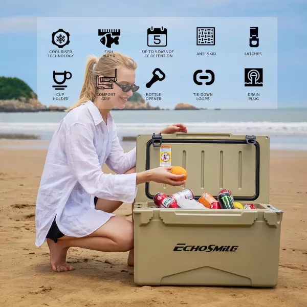EchoSmile 303540 Quart Rotomolded Cooler 5 Days Protale Ice Cooler Ice Chest Suit for BBQ Camping Pincnic and Other Outdoor ActivitiesKhaki