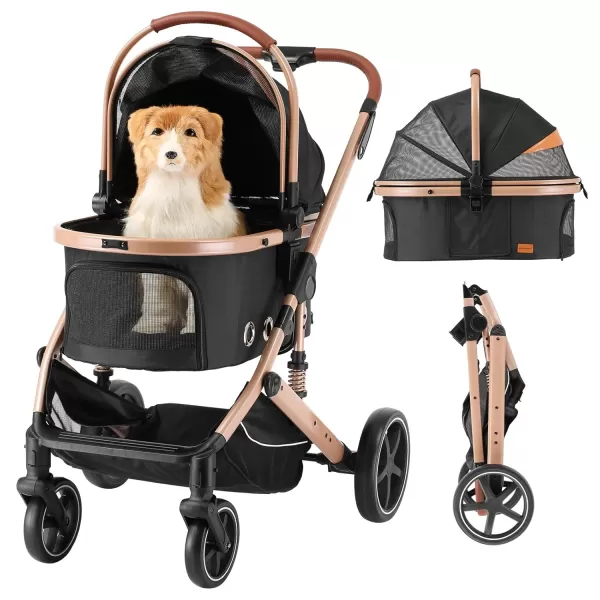 EchoSmile 4 in 1 Pet Stroller Folding Lightweight Cat ampamp Dog Stroller with Detachable Carrier NOZip 180 Reversible Canopy All Terrain 4Wheel45 lbs Capacity for Small to Medium DogsBlack
