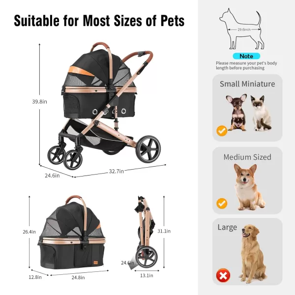 EchoSmile 4 in 1 Pet Stroller Folding Lightweight Cat ampamp Dog Stroller with Detachable Carrier NOZip 180 Reversible Canopy All Terrain 4Wheel45 lbs Capacity for Small to Medium DogsBlack