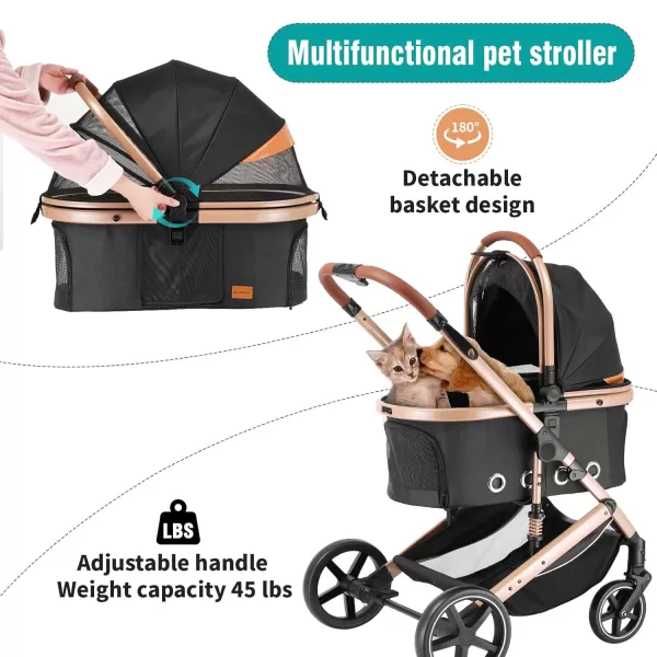 EchoSmile 4 in 1 Pet Stroller Folding Lightweight Cat ampamp Dog Stroller with Detachable Carrier NOZip 180 Reversible Canopy All Terrain 4Wheel45 lbs Capacity for Small to Medium DogsBlack