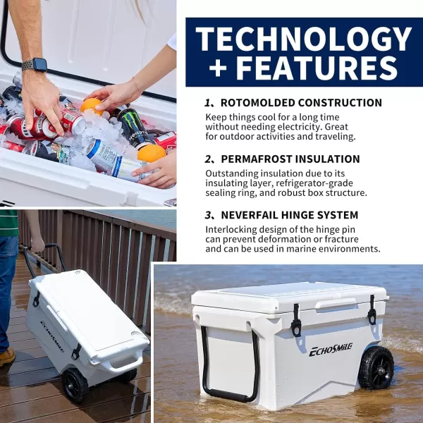 EchoSmile 6075 Quart Rotomolded Cooler Lightweight 5 Days Long Lasting Ice Cooler Ice Chest Suit for BBQ Camping Pincnic and Other Outdoor ActivitiesWhite 60 Quart