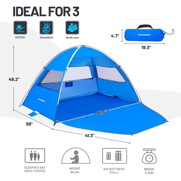 EchoSmile Beach Tent Sun Shelter for 4 Person Beach Canopy Sun Protection UPF 50 Easy Setup ampamp Lightweight ampamp Portable Cabana Tent Sun Shade for Baby Toddler Kid Adult White ampamp BlueDark Blue 3 Person
