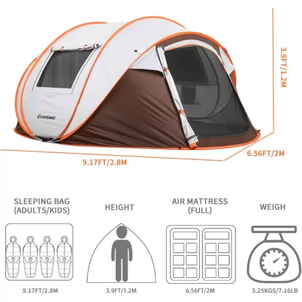 EchoSmile Camping Instant Tent 246810 Person Pop Up Tent Water Resistant Dome Tent Easy Setup for Camping Hiking and Outdoor Portable Tent with Carry Bag for 3 SeasonsWhite  Brown 4 Person