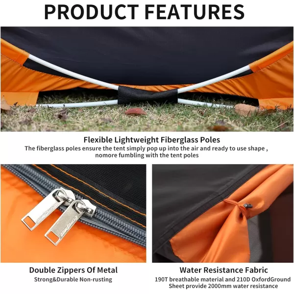 EchoSmile Camping Instant Tent 246810 Person Pop Up Tent Water Resistant Dome Tent Easy Setup for Camping Hiking and Outdoor Portable Tent with Carry Bag for 3 SeasonsBlack  Orange 2 Person