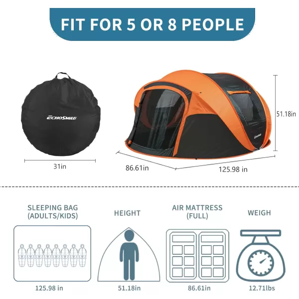 EchoSmile Camping Instant Tent 246810 Person Pop Up Tent Water Resistant Dome Tent Easy Setup for Camping Hiking and Outdoor Portable Tent with Carry Bag for 3 SeasonsBlack  Orange 6 Person