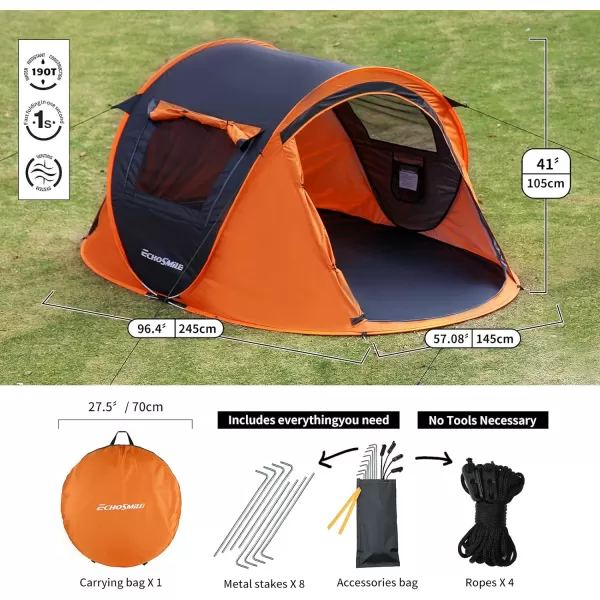 EchoSmile Camping Instant Tent 246810 Person Pop Up Tent Water Resistant Dome Tent Easy Setup for Camping Hiking and Outdoor Portable Tent with Carry Bag for 3 SeasonsBlack  Orange 2 Person