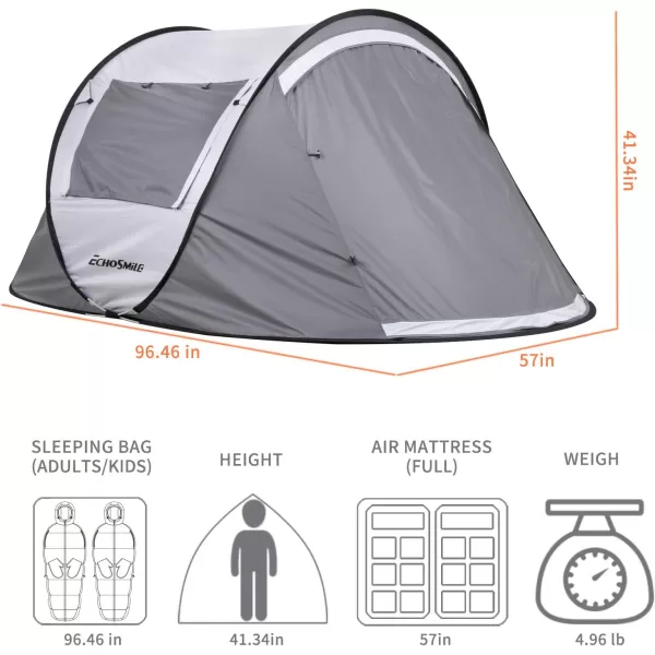 EchoSmile Camping Instant Tent 246810 Person Pop Up Tent Water Resistant Dome Tent Easy Setup for Camping Hiking and Outdoor Portable Tent with Carry Bag for 3 SeasonsWhite  Gray 2 Person