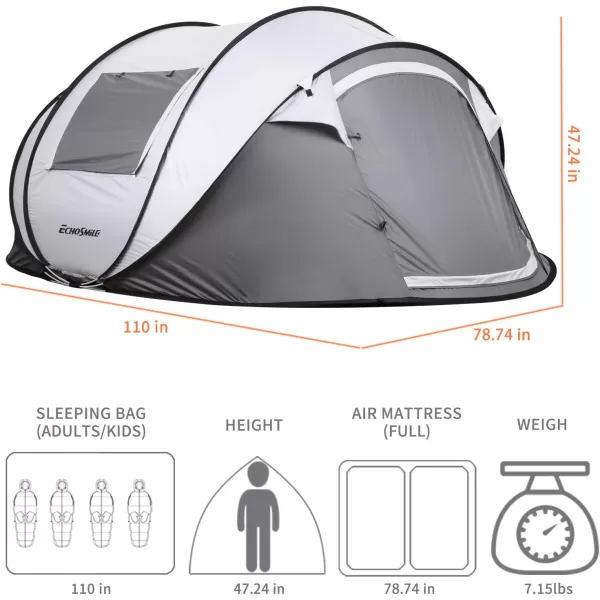 EchoSmile Camping Instant Tent 246810 Person Pop Up Tent Water Resistant Dome Tent Easy Setup for Camping Hiking and Outdoor Portable Tent with Carry Bag for 3 SeasonsWhite  Grey 4 Person
