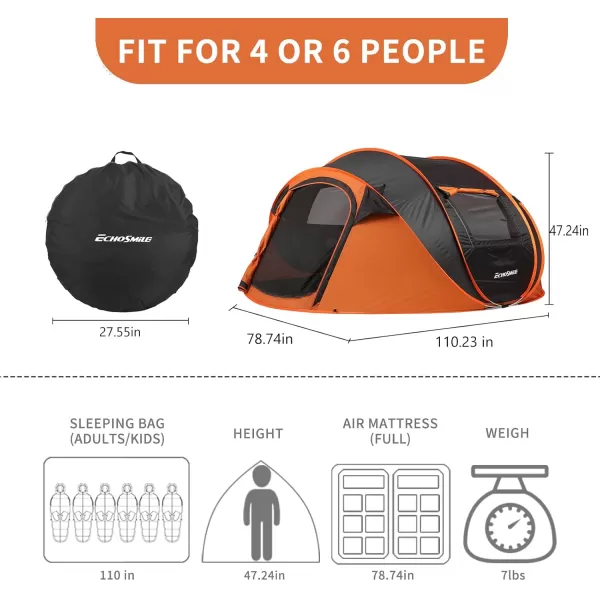 EchoSmile Camping Instant Tent 246810 Person Pop Up Tent Water Resistant Dome Tent Easy Setup for Camping Hiking and Outdoor Portable Tent with Carry Bag for 3 SeasonsBlack  Orange 4 Person